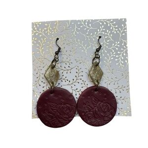 NEW! Handmade Artisan Clay Burgundy and Gold Embossed Dangle Earrings Pierced